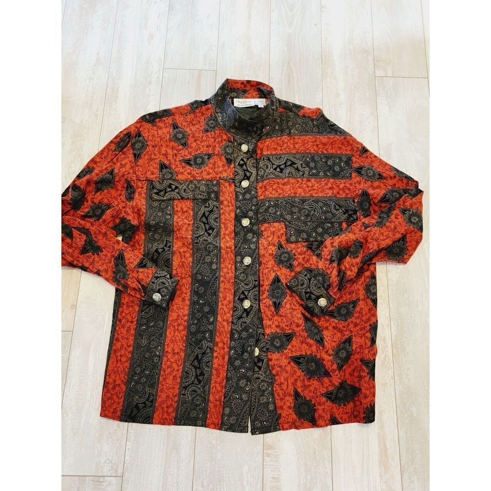 Oleg Cassini 12 Vintage Blouse Black Red Asian Inspired L/S Mandarin Collar‎